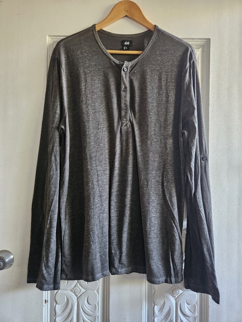 H&M Men's Long Sleeve Henley - Dark Charcoal XL
